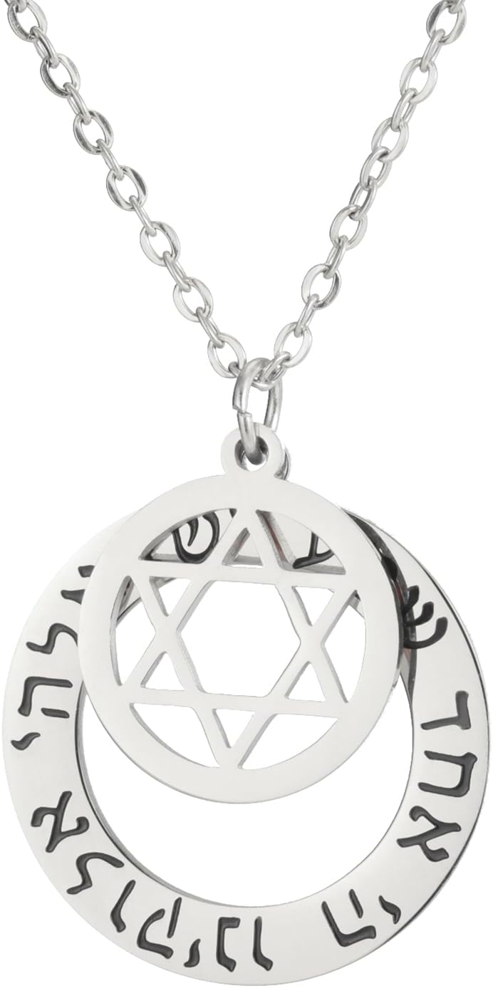Shema Israel hebreisk bön välsignelse halsband hör O Israel Davidsstjärna hänge biblisk Kabbalah judiska smycken religiös present till män kvinnor, medium, rostfritt stål, ingen ädelsten,