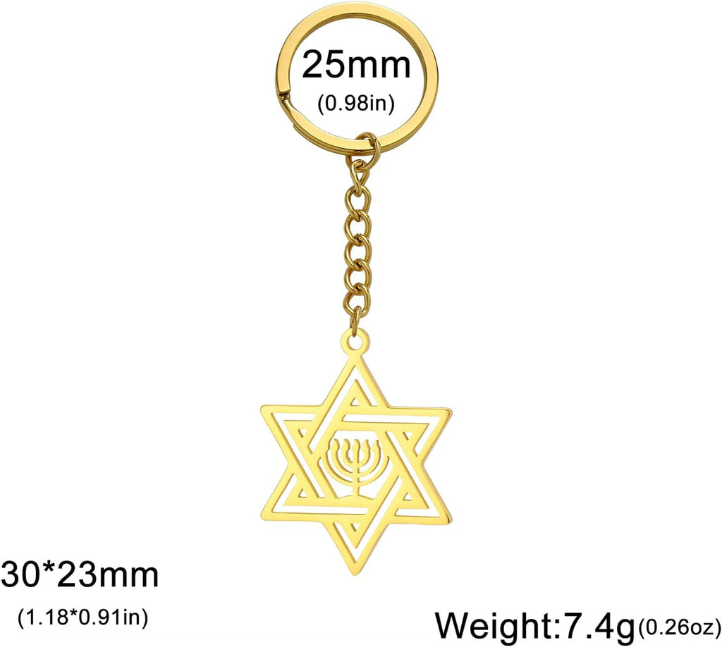 VASSAGO Davidsstjärna nyckelring för kvinnor män judisk stjärna Menorah nyckelring rostfritt stål Hanukkah nyckelring Israel religiösa smycken