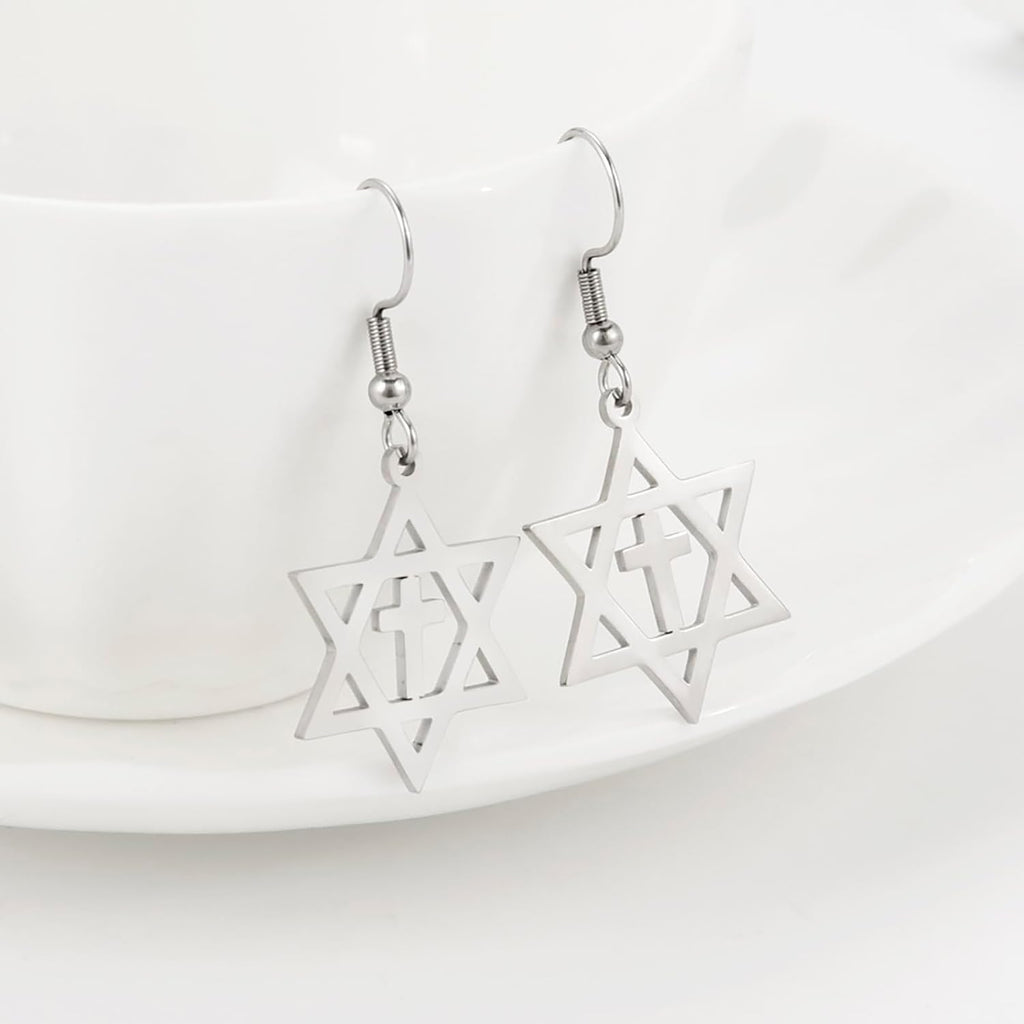 VASSAGO Davidsstjärna örhängen för kvinnor judisk stjärna med kors hängande droppörhängen rostfritt stål sexspetsiga stjärnörhängen Israel religiös judisk Hanukkah smyckesgåva