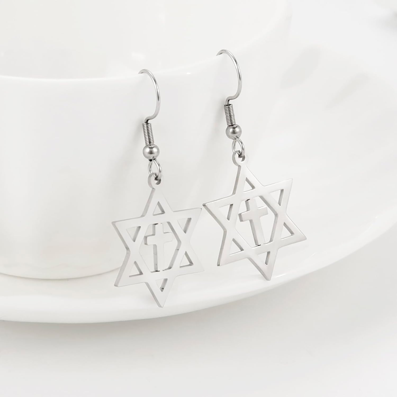 VASSAGO Davidsstjärna örhängen för kvinnor judisk stjärna med kors hängande droppörhängen rostfritt stål sexspetsiga stjärnörhängen Israel religiös judisk Hanukkah smyckesgåva