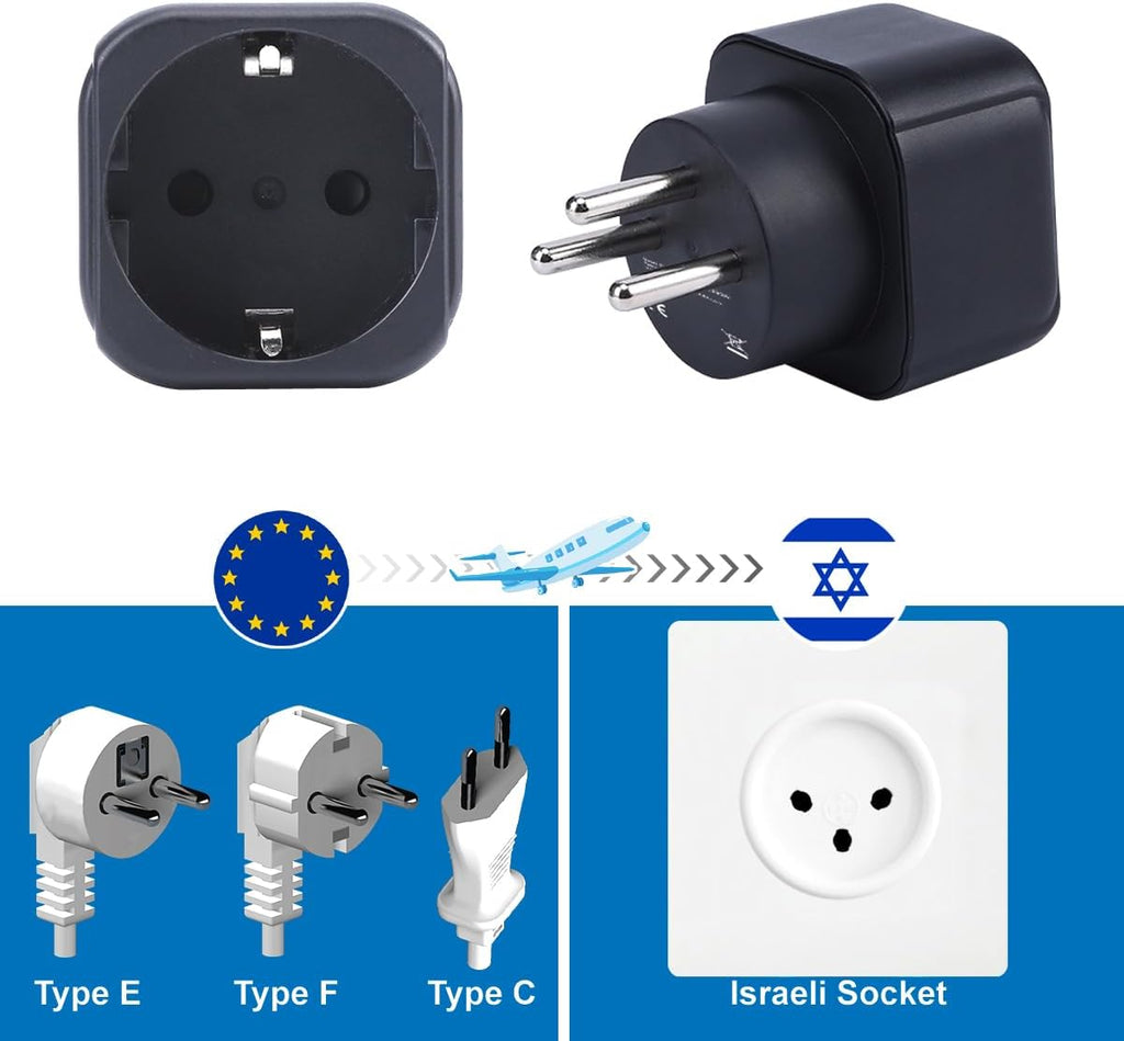 Europe to Israel Plug Adapter, EU Schuko-Kontakt Passar till Israeliskt Uttag, Europeiskt/Tyskland/Sverige Typ C/E/F Plugg till Typ H Resekontakt Converter (1 del)