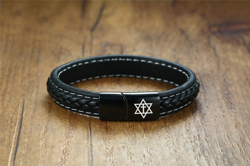 Judisk messiansk symbol läderarmband för kvinnor och män – kristendom kors davidamulett manschettarmband – judisk judendom tro armband Israel smycken för skydd