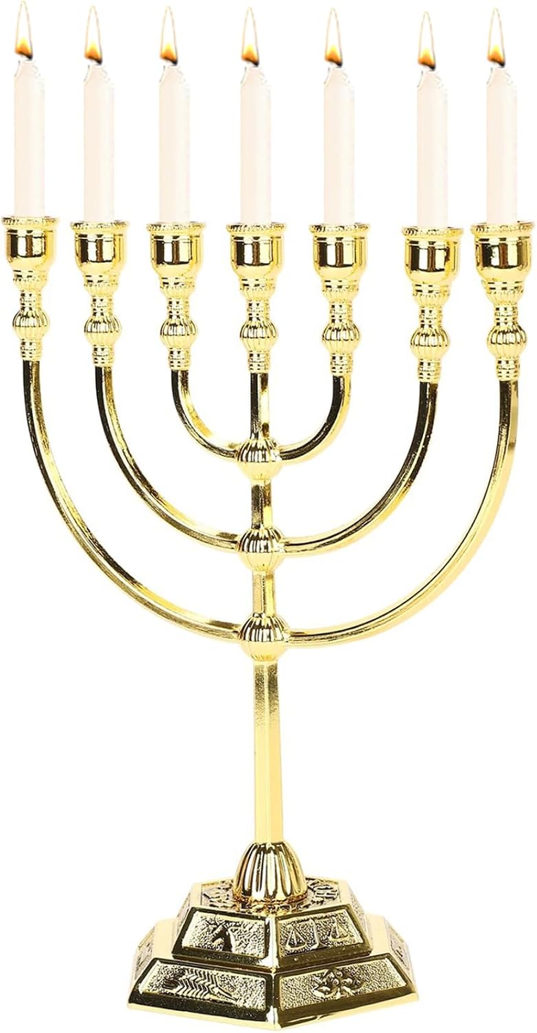 Hanukkah Menorah, Menorah 7 gren med 12 Israels stamar, judisk zinklegering ljushållare med stabil bas för hemmakontor vardagsrum skrivbordsdekor, gyllene Hanukkah-dekorationer
