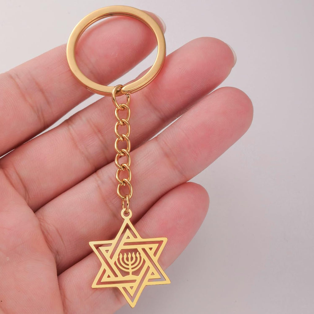 VASSAGO Davidsstjärna nyckelring för kvinnor män judisk stjärna Menorah nyckelring rostfritt stål Hanukkah nyckelring Israel religiösa smycken