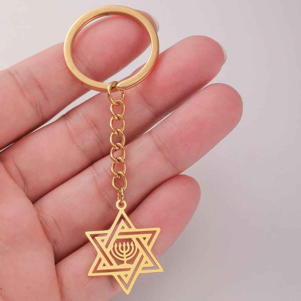VASSAGO Davidsstjärna nyckelring för kvinnor män judisk stjärna Menorah nyckelring rostfritt stål Hanukkah nyckelring Israel religiösa smycken
