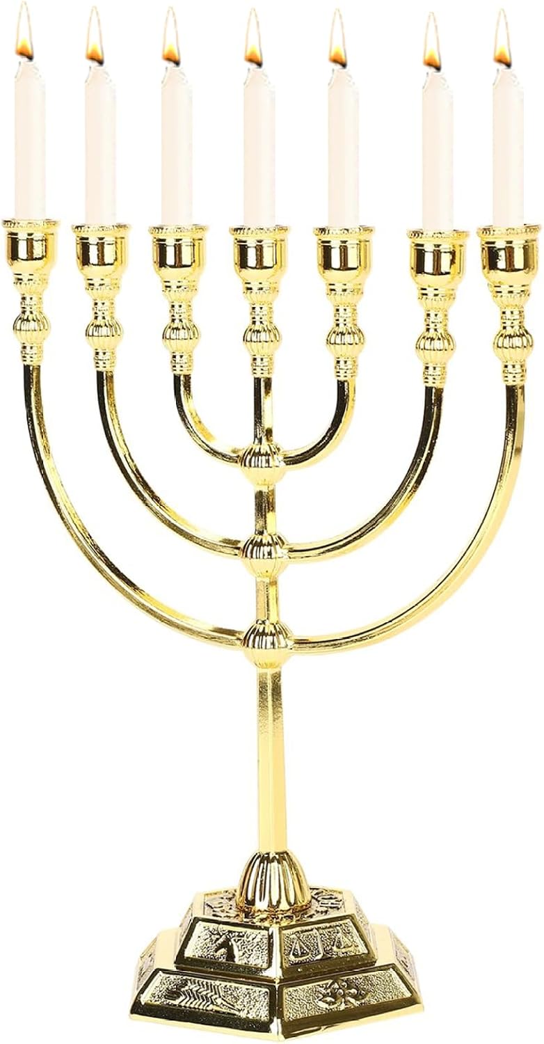 Hanukkah Menorah, Menorah 7 gren med 12 Israels stamar, judisk zinklegering, ljushållare med stabil bas för hemmakontor, vardagsrum, skrivbordsdekor, gyllene ljushållare