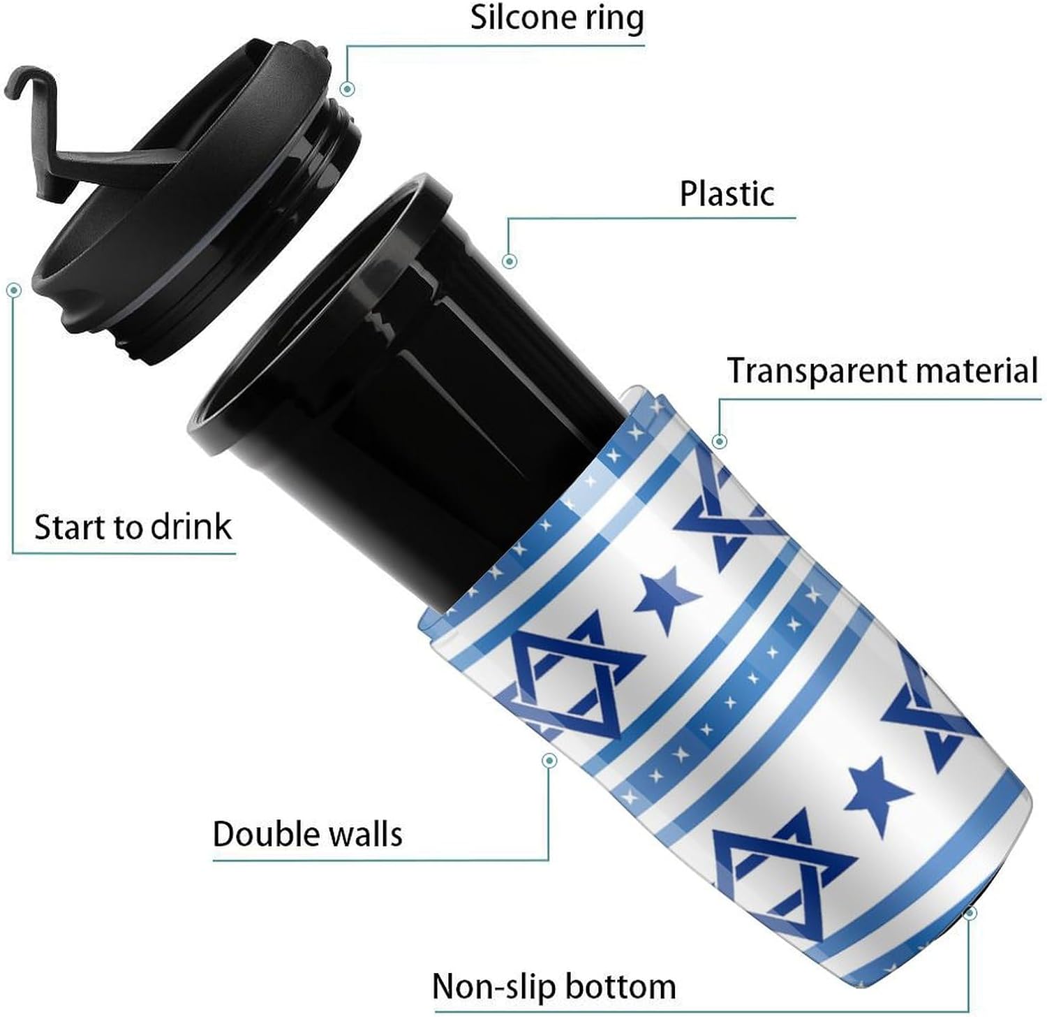 Israels flagga formad kaffemugg med lock isolerad tumlare återanvändbara resemuggar drinkkopp 350 ml