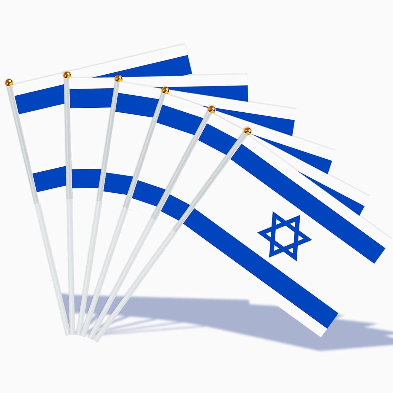 AhfuLife 15 stycken små Israel-flaggor för israelisk dekoration, mini Israel, handhållen flagga med 30 cm vit stolpe för Jom HaAtzma'ut Synagoge, solidaritetsfest, hem, trädgård, bar, dekoration