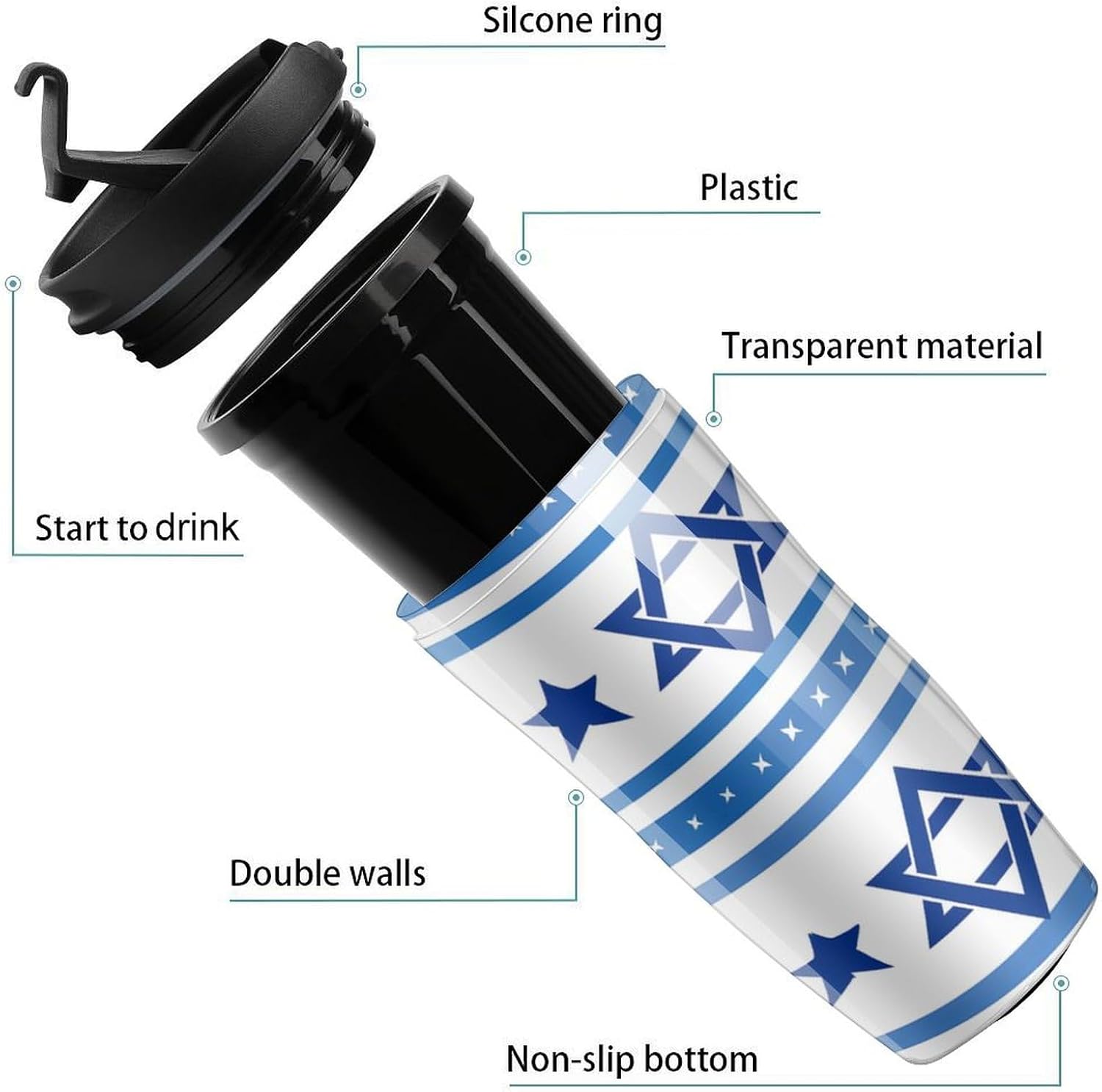 Israels flagga formad kaffemugg med lock isolerad tumlare återanvändbara resemuggar drinkkopp 350 ml