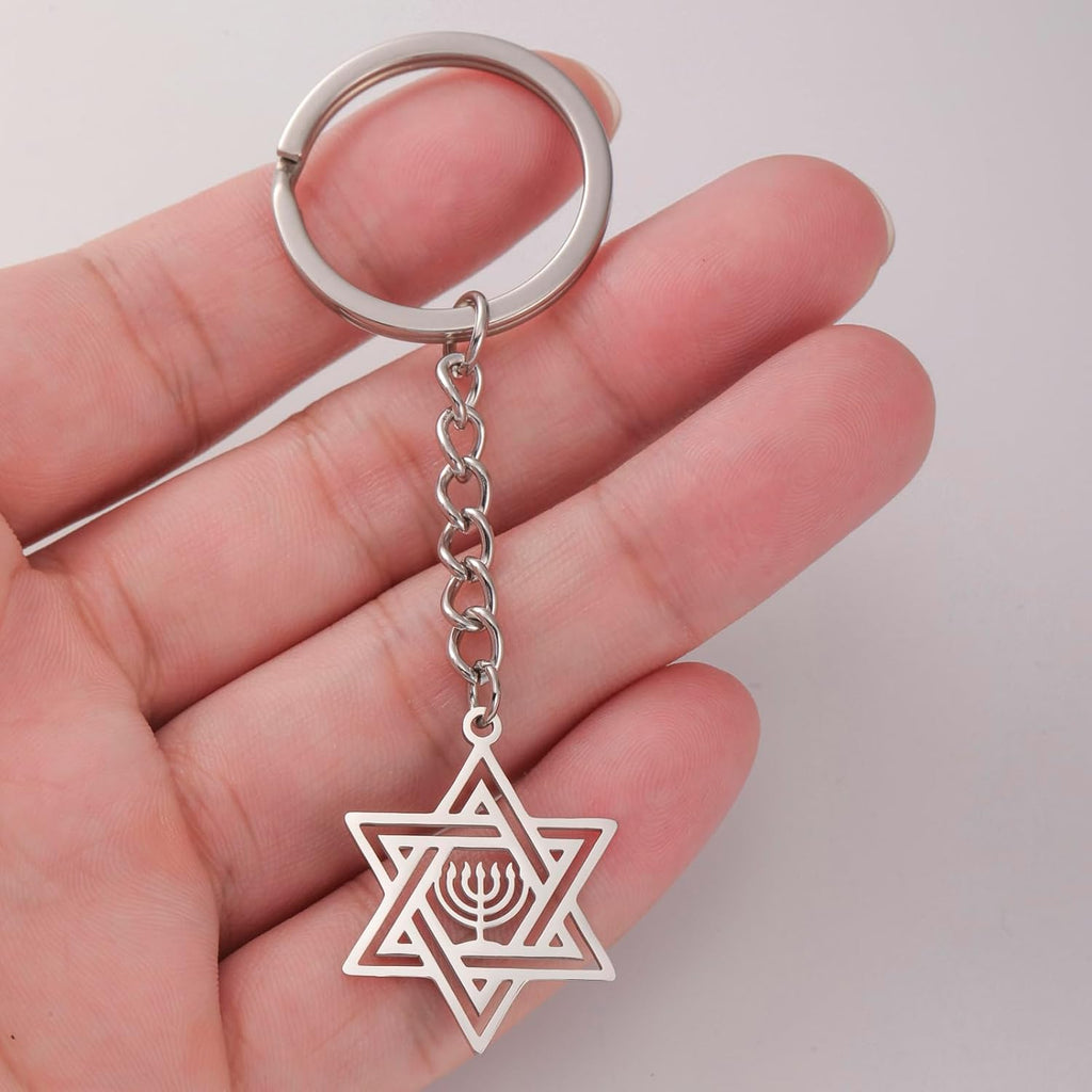 VASSAGO Davidsstjärna nyckelring för kvinnor män judisk stjärna Menorah nyckelring rostfritt stål Hanukkah nyckelring Israel religiösa smycken