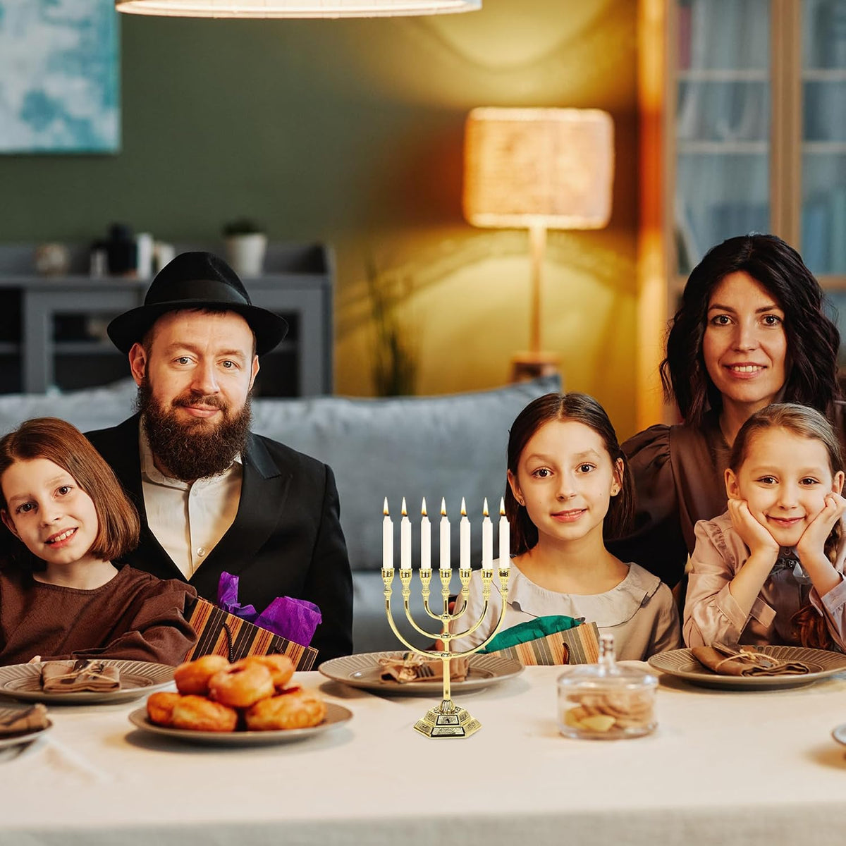 Hanukkah Menorah, Menorah 7 gren med 12 Israels stamar, judisk zinklegering ljushållare med stabil bas för hemmakontor vardagsrum skrivbordsdekor, gyllene Hanukkah-dekorationer