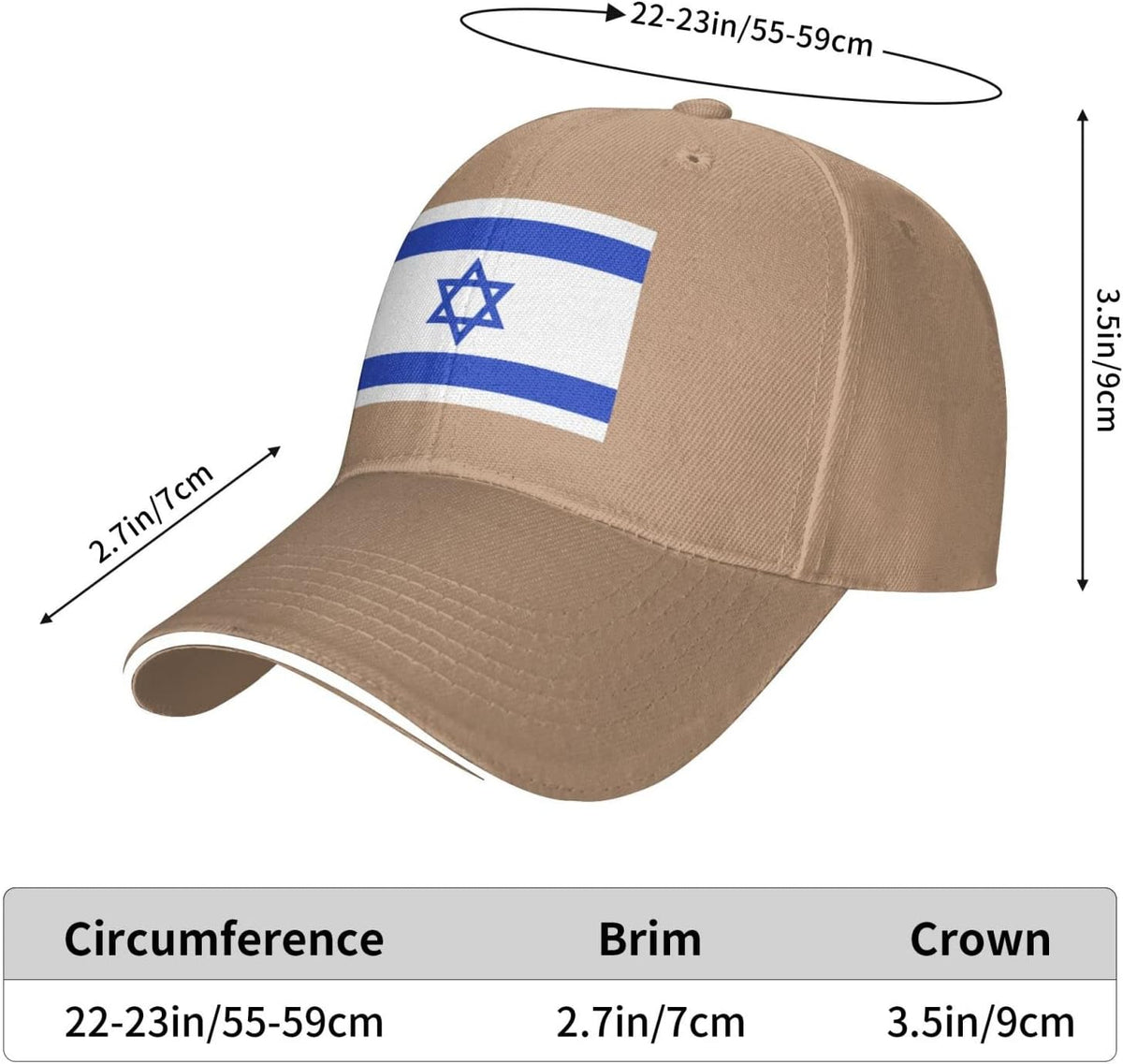 Israels flagga israelit lastbilschaufför hattar justerbar svart basebollkeps för män kvinnor utomhussport pappa hatt, Brun