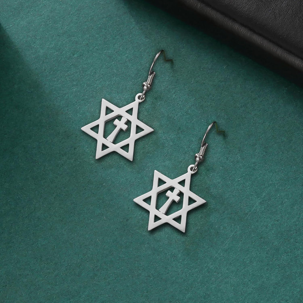 VASSAGO Davidsstjärna örhängen för kvinnor judisk stjärna med kors hängande droppörhängen rostfritt stål sexspetsiga stjärnörhängen Israel religiös judisk Hanukkah smyckesgåva