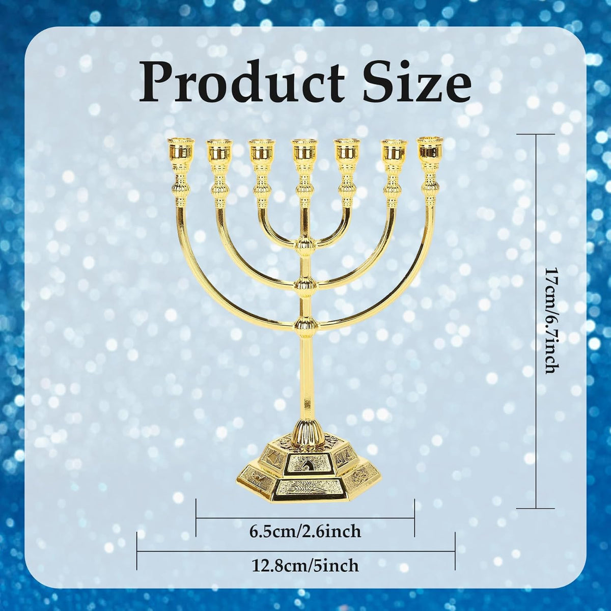 Hanukkah Menorah, Menorah 7 gren med 12 Israels stamar, judisk zinklegering ljushållare med stabil bas för hemmakontor vardagsrum skrivbordsdekor, gyllene Hanukkah-dekorationer