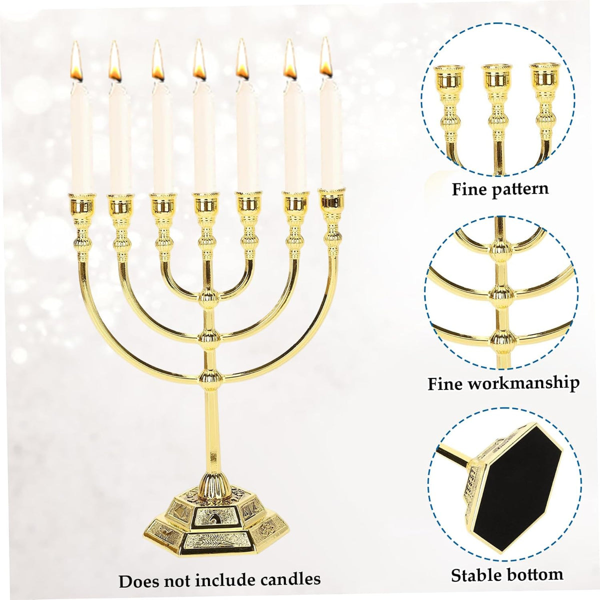 Hanukkah Menorah, Menorah 7 gren med 12 Israels stamar, judisk zinklegering ljushållare med stabil bas för hemmakontor vardagsrum skrivbordsdekor, gyllene Hanukkah-dekorationer