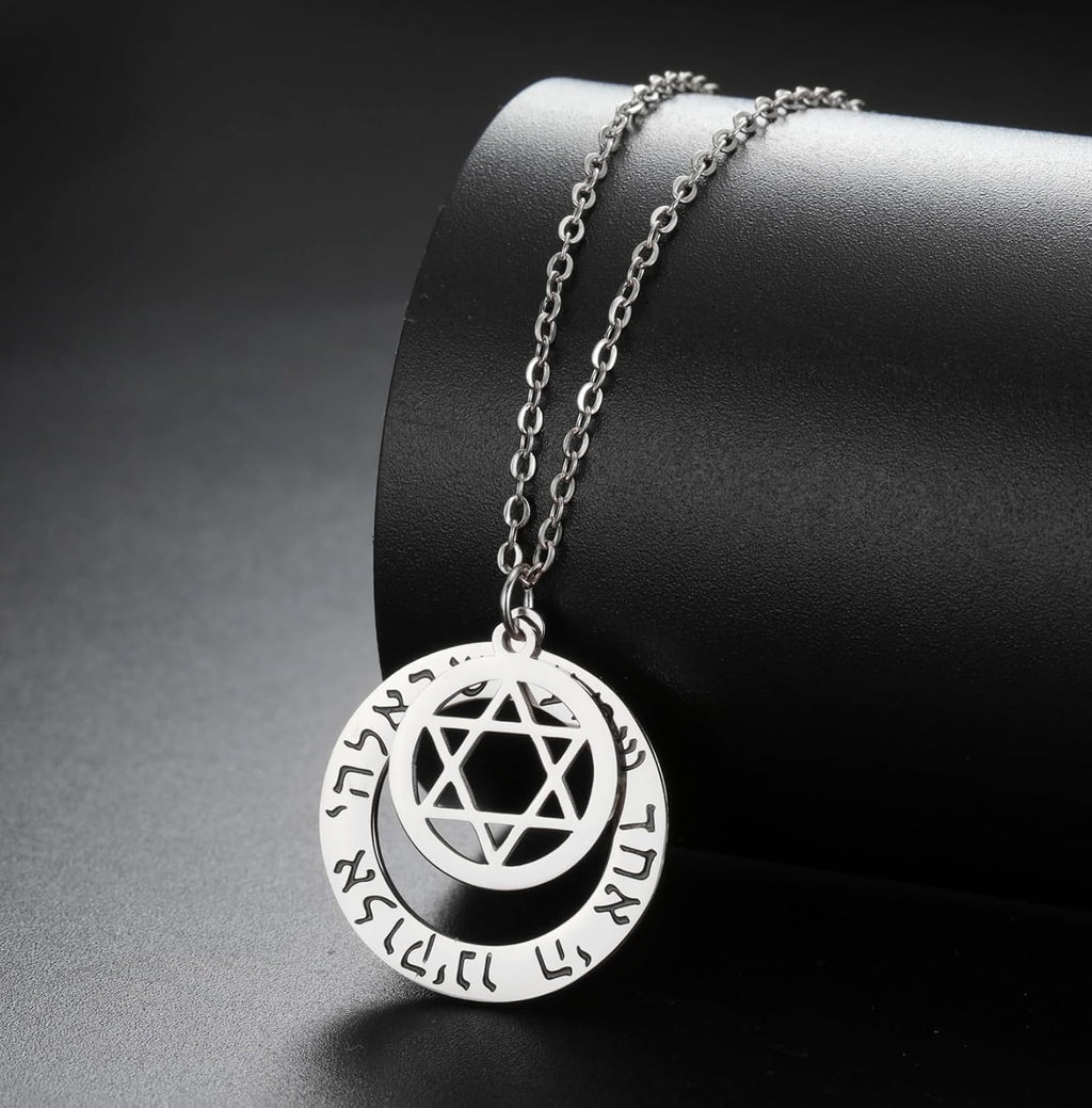 Shema Israel hebreisk bön välsignelse halsband hör O Israel Davidsstjärna hänge biblisk Kabbalah judiska smycken religiös present till män kvinnor, medium, rostfritt stål, ingen ädelsten,