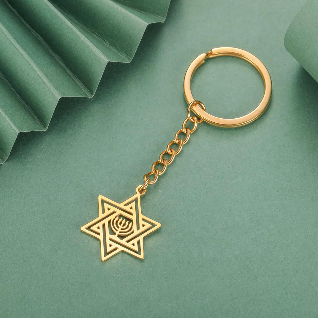VASSAGO Davidsstjärna nyckelring för kvinnor män judisk stjärna Menorah nyckelring rostfritt stål Hanukkah nyckelring Israel religiösa smycken