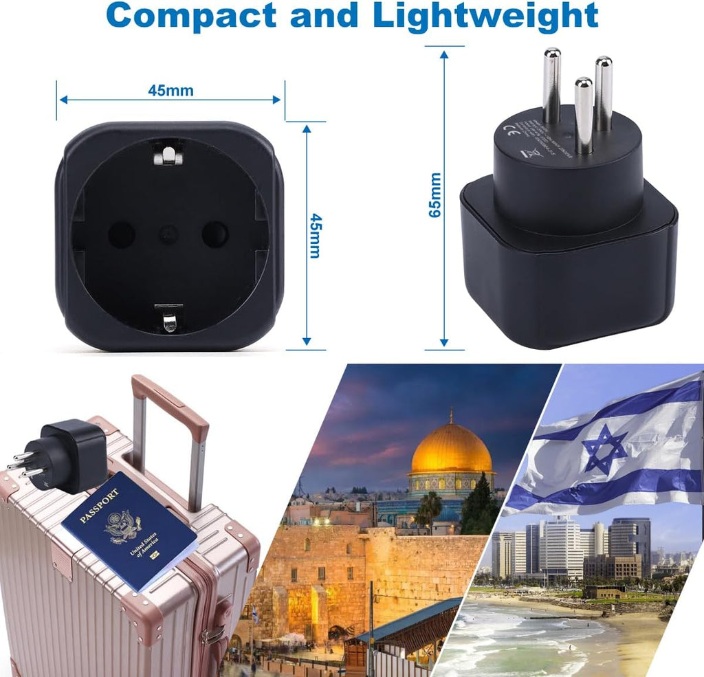 Europe to Israel Plug Adapter, EU Schuko-Kontakt Passar till Israeliskt Uttag, Europeiskt/Tyskland/Sverige Typ C/E/F Plugg till Typ H Resekontakt Converter (1 del)