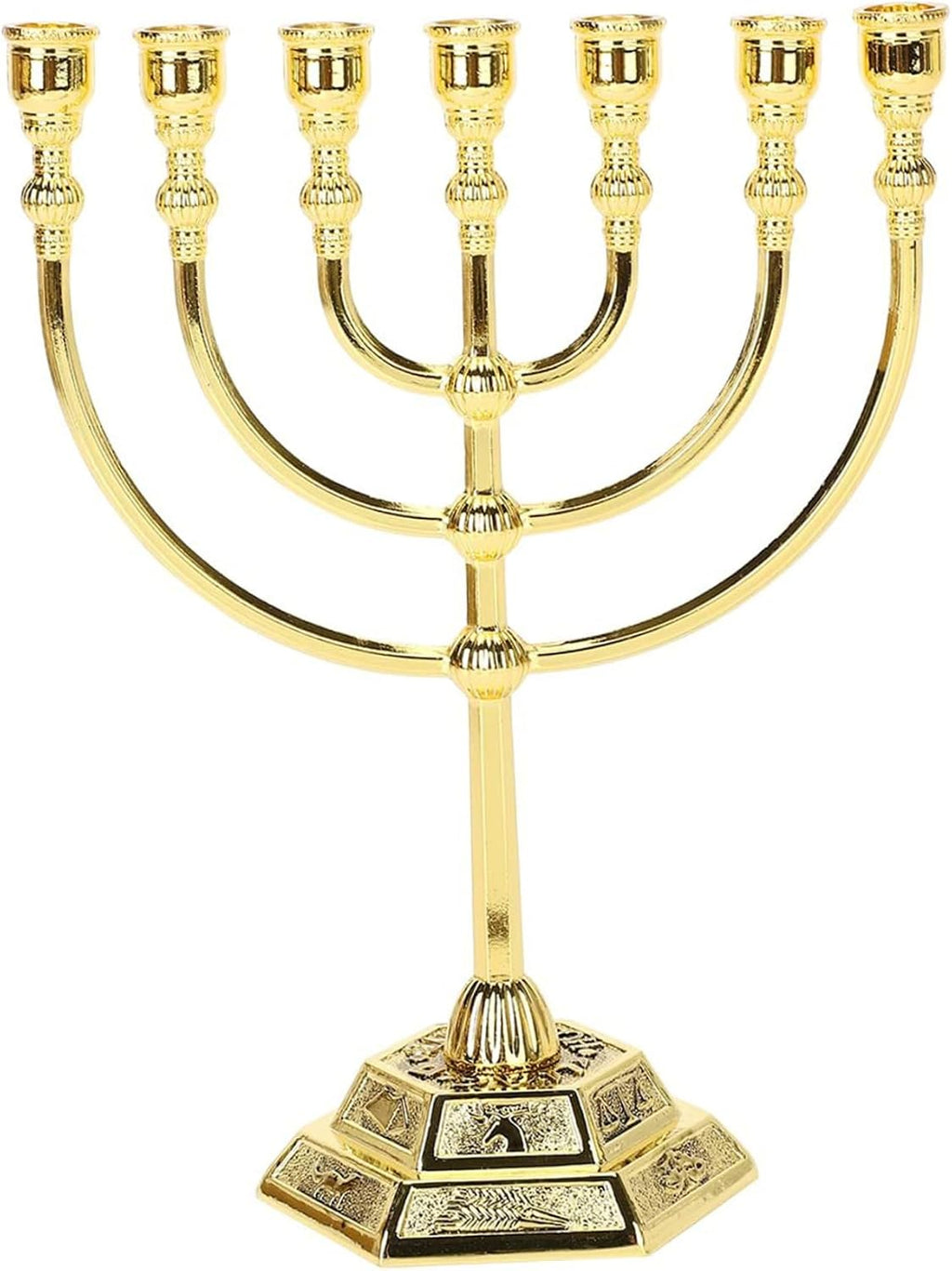 Hanukkah Menorah, Menorah 7 gren med 12 Israels stamar, judisk zinklegering, ljushållare med stabil bas för hemmakontor, vardagsrum, skrivbordsdekor, gyllene ljushållare