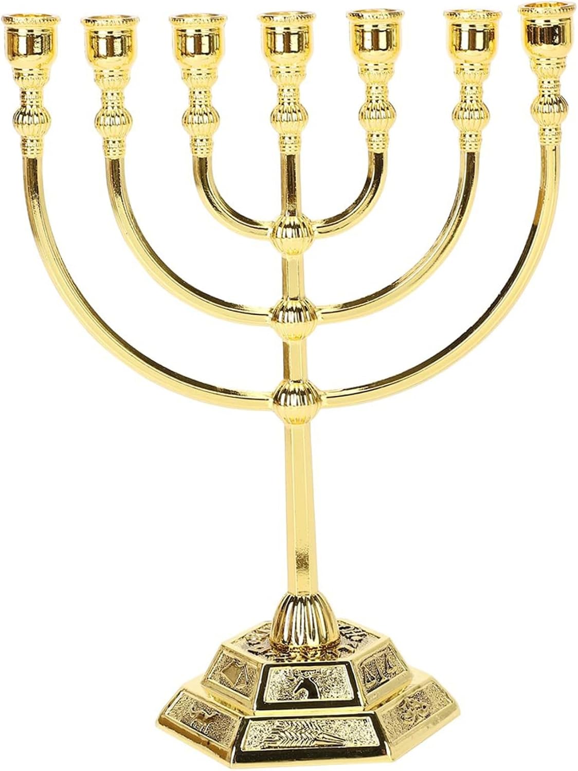Hanukkah Menorah, Menorah 7 gren med 12 Israels stamar, judisk zinklegering, ljushållare med stabil bas för hemmakontor, vardagsrum, skrivbordsdekor, gyllene ljushållare