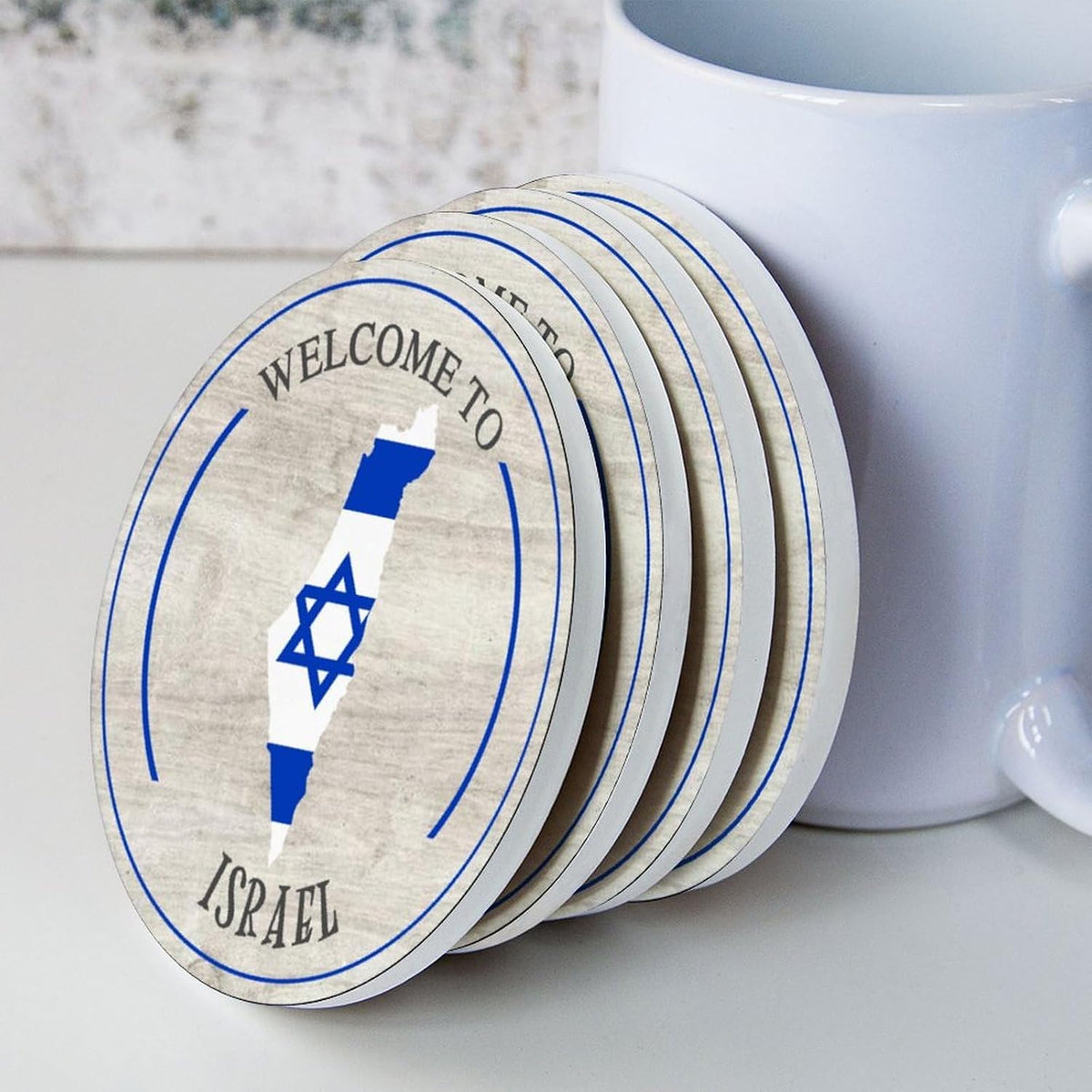 Welocme till Israel rund för absorberande underlägg uppsättning av 4, Israels nationella stolthet underlägg för soffbord roliga koppar bordsunderlägg med bas för hem 10 cm