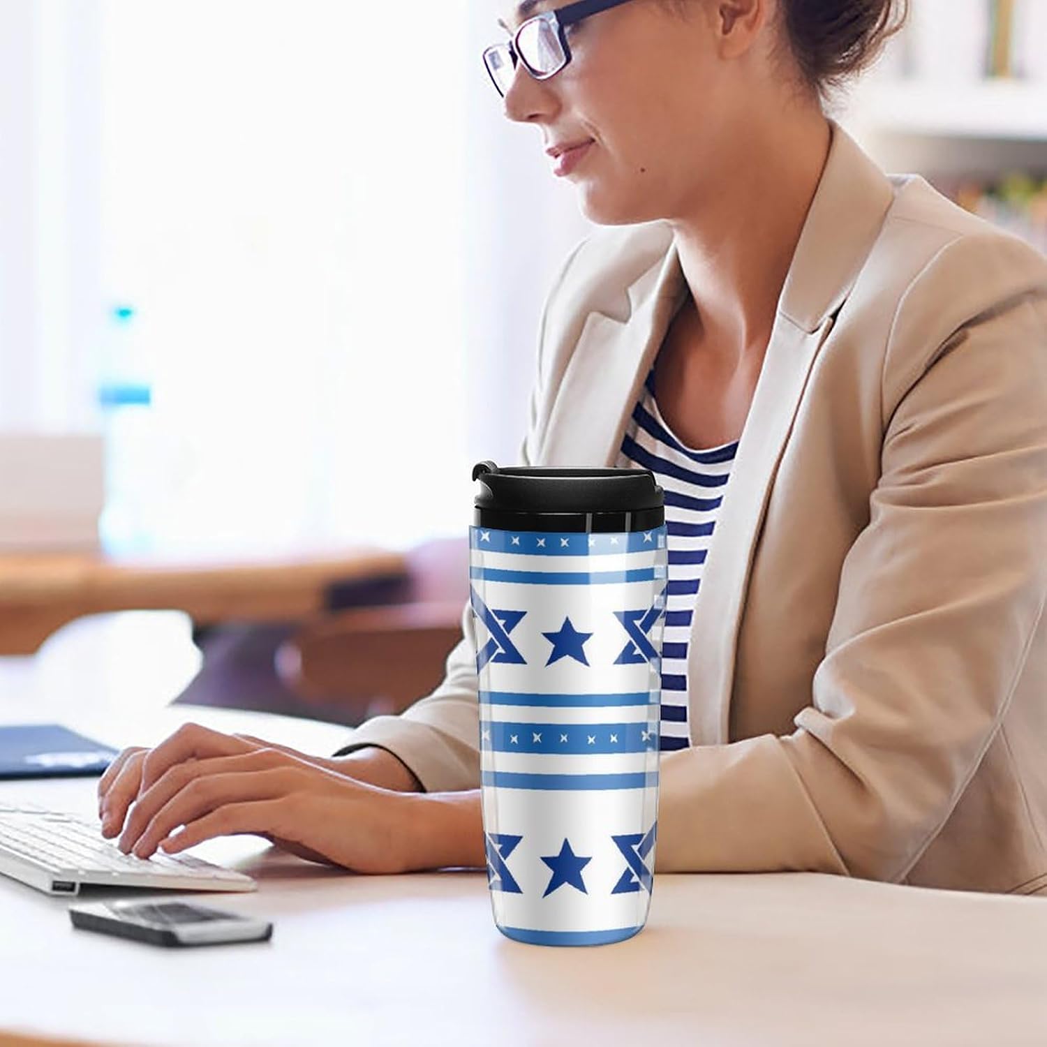 Israels flagga formad kaffemugg med lock isolerad tumlare återanvändbara resemuggar drinkkopp 350 ml