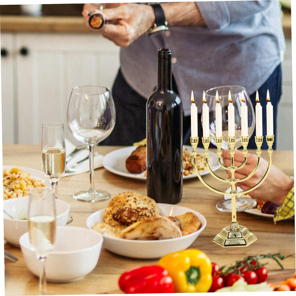 Hanukkah Menorah, Menorah 7 gren med 12 Israels stamar, judisk zinklegering, ljushållare med stabil bas för hemmakontor, vardagsrum, skrivbordsdekor, gyllene ljushållare