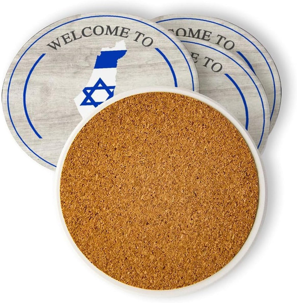 Welocme till Israel rund för absorberande underlägg uppsättning av 4, Israels nationella stolthet underlägg för soffbord roliga koppar bordsunderlägg med bas för hem 10 cm