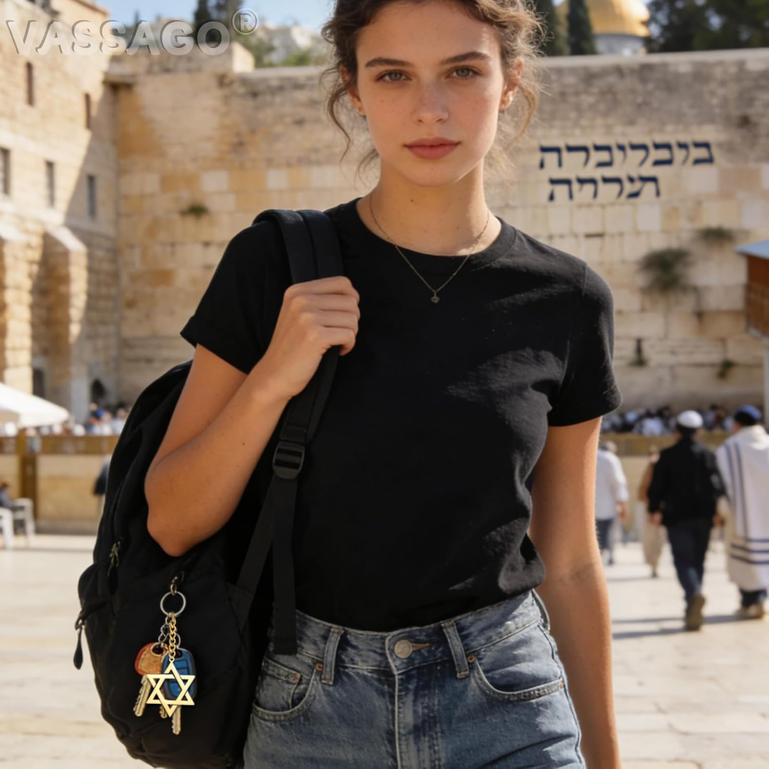 VASSAGO Davidsstjärna nyckelring för kvinnor män judisk stjärna Menorah nyckelring rostfritt stål Hanukkah nyckelring Israel religiösa smycken