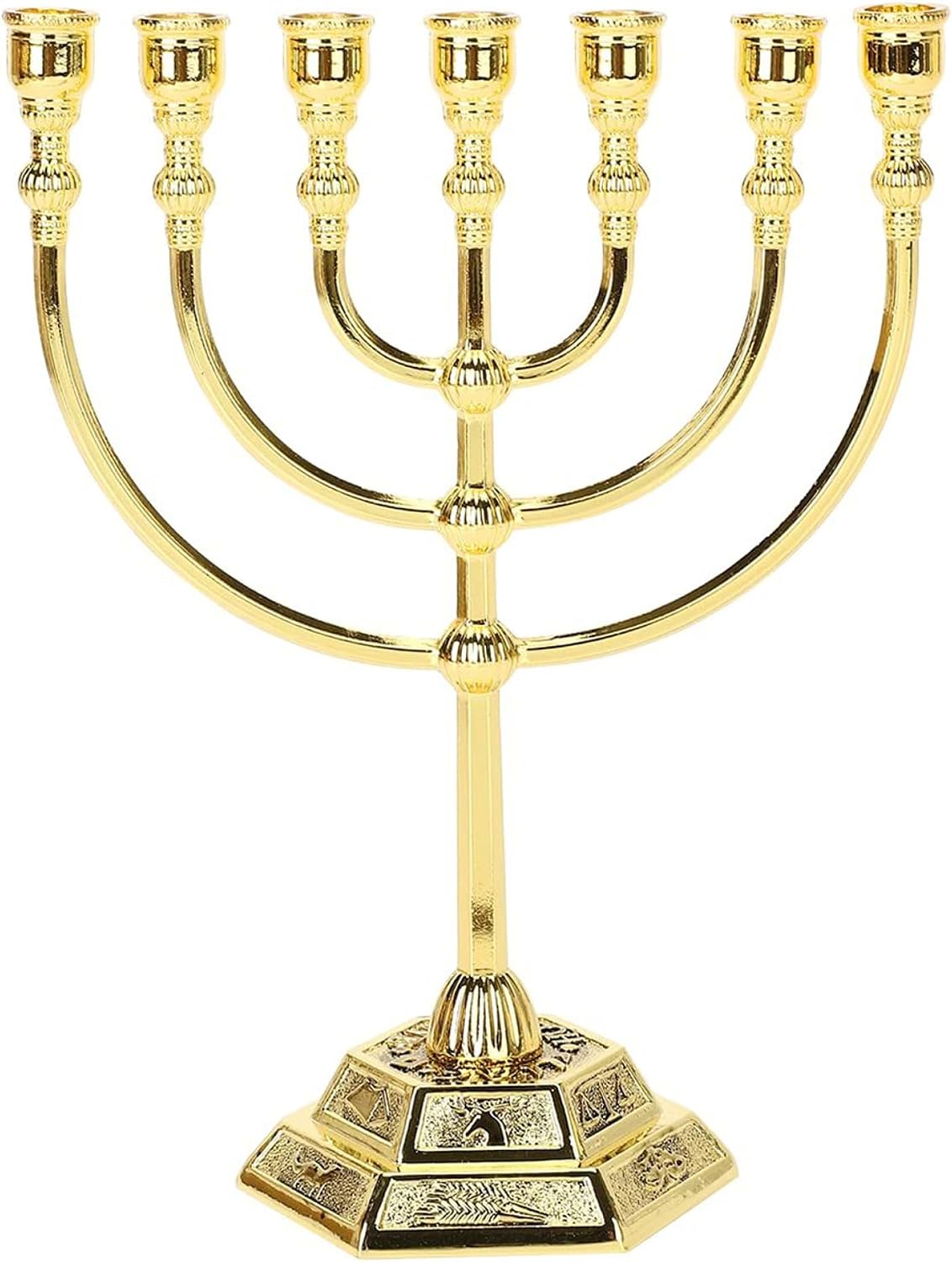 Hanukkah Menorah, Menorah 7 gren med 12 Israels stamar, judisk zinklegering ljushållare med stabil bas för hemmakontor vardagsrum skrivbordsdekor, gyllene Hanukkah-dekorationer