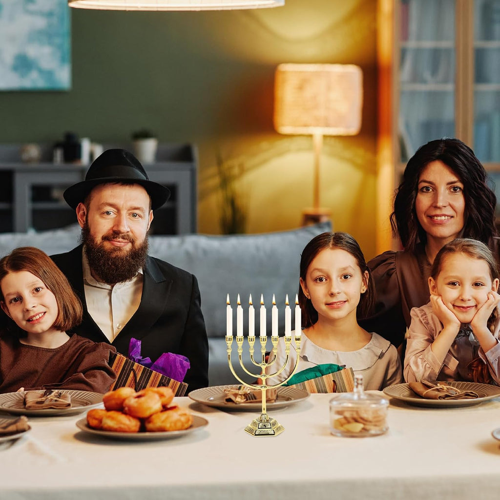 Hanukkah Menorah, Menorah 7 gren med 12 Israels stamar, judisk zinklegering, ljushållare med stabil bas för hemmakontor, vardagsrum, skrivbordsdekor, gyllene ljushållare