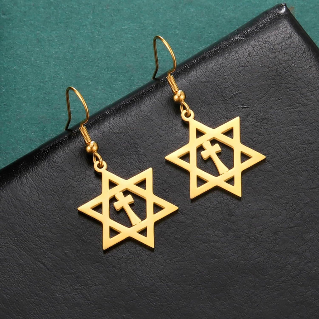VASSAGO Davidsstjärna örhängen för kvinnor judisk stjärna med kors hängande droppörhängen rostfritt stål sexspetsiga stjärnörhängen Israel religiös judisk Hanukkah smyckesgåva