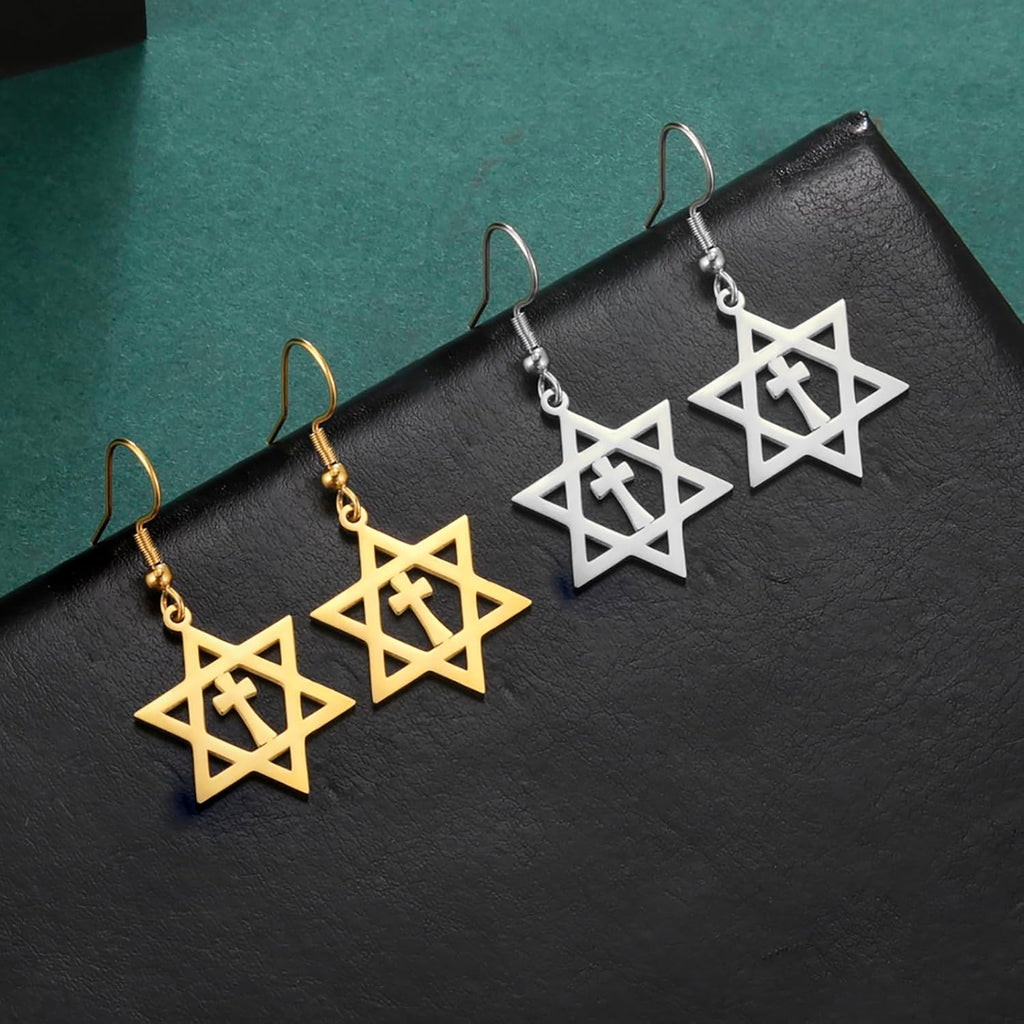 VASSAGO Davidsstjärna örhängen för kvinnor judisk stjärna med kors hängande droppörhängen rostfritt stål sexspetsiga stjärnörhängen Israel religiös judisk Hanukkah smyckesgåva