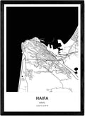 Nacnic affisch med karta över Haifa - Israel. Svarta tryck av städer i Mellanöstern med hav och floder. A4 storlek med ram