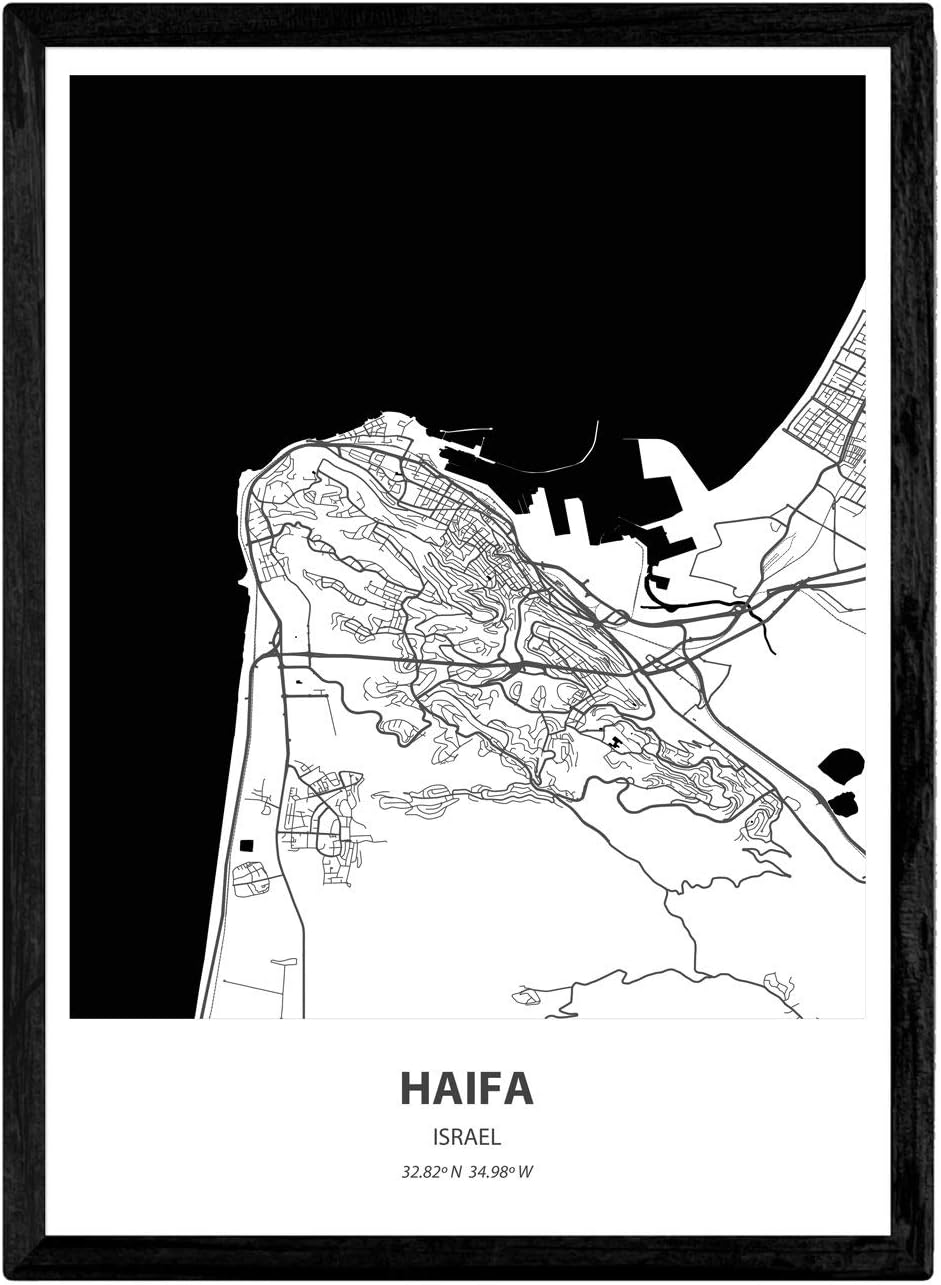 Nacnic affisch med karta över Haifa - Israel. Svarta tryck av städer i Mellanöstern med hav och floder. A4 storlek med ram