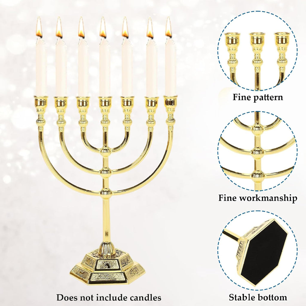 Hanukkah Menorah, Menorah 7 gren med 12 Israels stamar, judisk zinklegering, ljushållare med stabil bas för hemmakontor, vardagsrum, skrivbordsdekor, gyllene ljushållare
