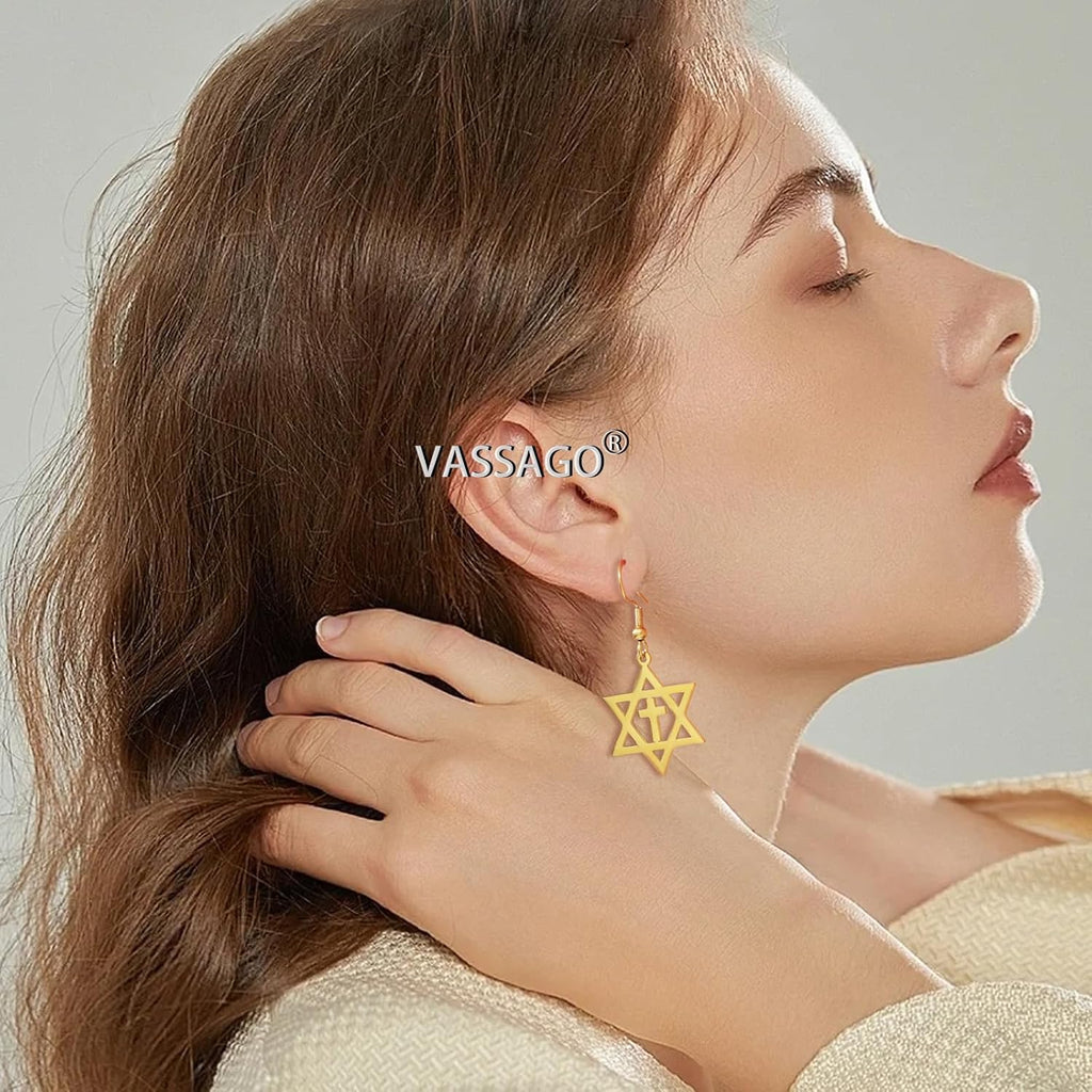 VASSAGO Davidsstjärna örhängen för kvinnor judisk stjärna med kors hängande droppörhängen rostfritt stål sexspetsiga stjärnörhängen Israel religiös judisk Hanukkah smyckesgåva