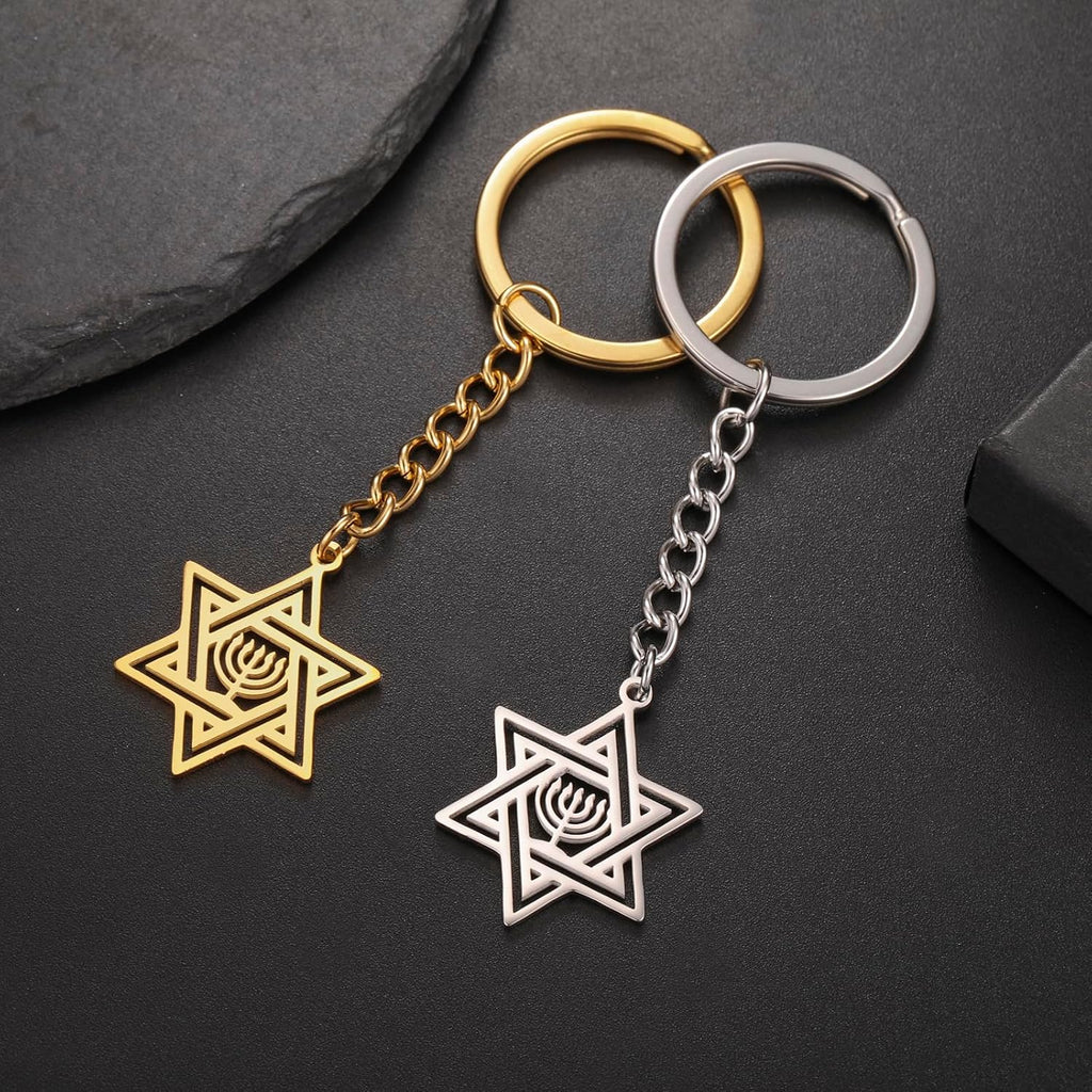 VASSAGO Davidsstjärna nyckelring för kvinnor män judisk stjärna Menorah nyckelring rostfritt stål Hanukkah nyckelring Israel religiösa smycken