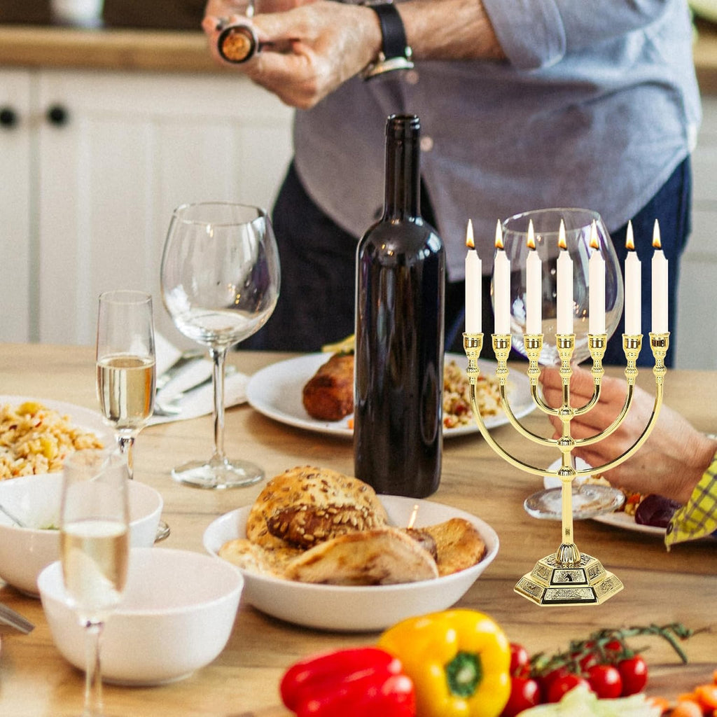 Hanukkah Menorah, Menorah 7 gren med 12 Israels stamar, judisk zinklegering ljushållare med stabil bas för hemmakontor vardagsrum skrivbordsdekor, gyllene Hanukkah-dekorationer