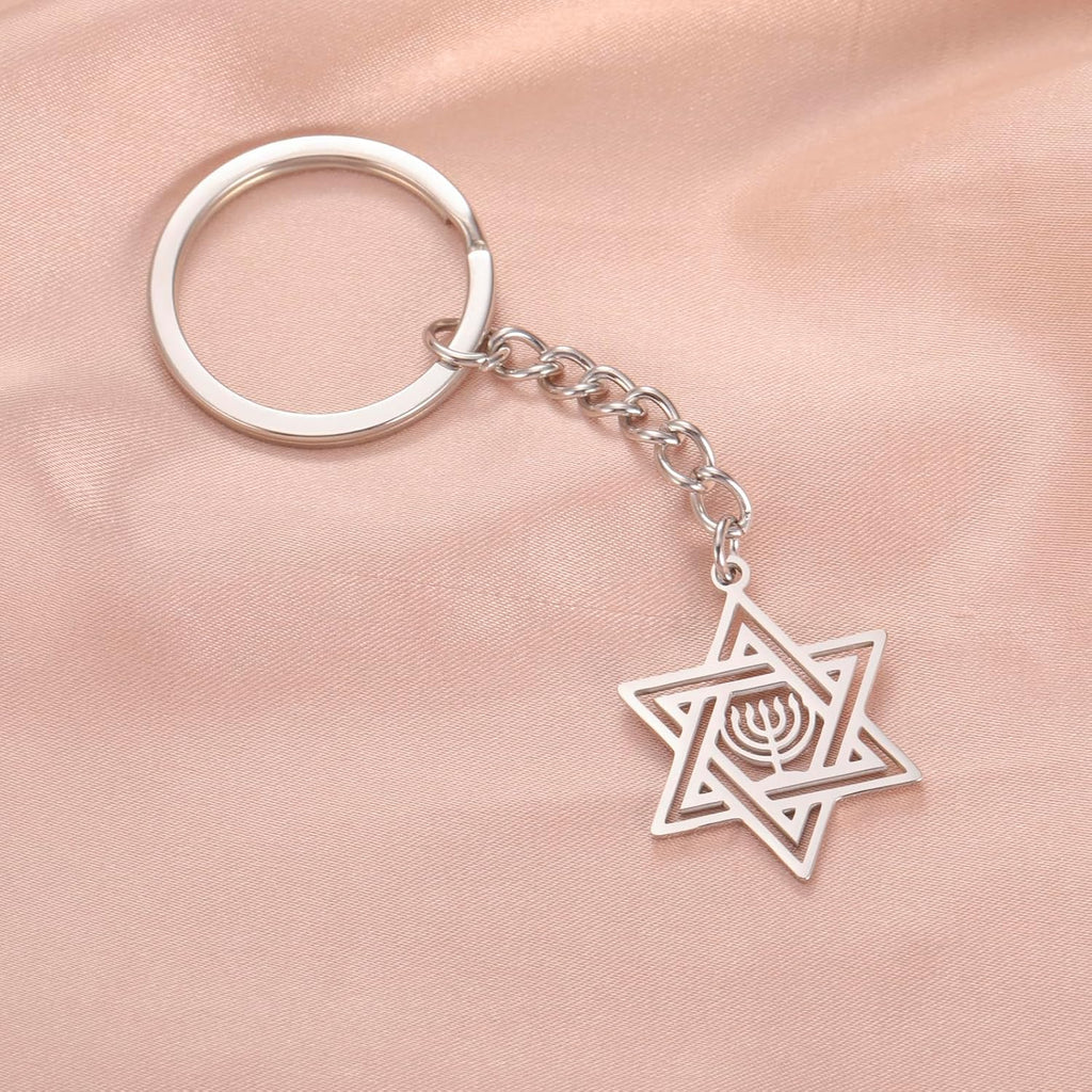 VASSAGO Davidsstjärna nyckelring för kvinnor män judisk stjärna Menorah nyckelring rostfritt stål Hanukkah nyckelring Israel religiösa smycken