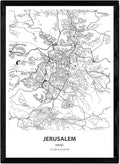 Nacnic affisch med karta över Jerusalem - Israel. Svarta tryck av städer i Mellanöstern med hav och floder. A4 storlek med ram
