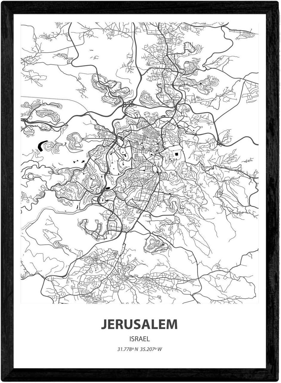 Nacnic affisch med karta över Jerusalem - Israel. Svarta tryck av städer i Mellanöstern med hav och floder. A4 storlek med ram